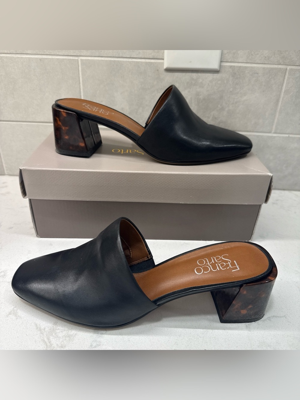 Franco Sarto Black Leather Mule with Tortoiseshell Block Heel Womens Sz 7